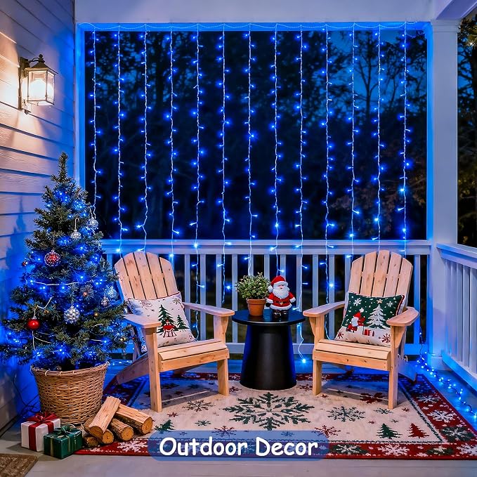 JMEXSUSS 300LED Blue Curtain Lights, 9.8x9.8ft String Lights Indoor Outdoor | Plug in Christmas Lights with Remote, Hanging String Lights, For Bedroom Dorm Wall Window Backdrop Garden Patio Yard Decor