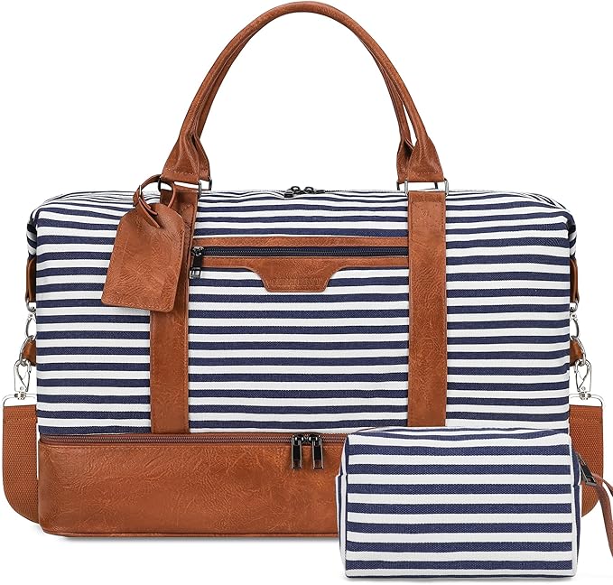 Oeihuivt Weekender Bags for Women - 21 Inch Large Travel Duffel Bag 2-Piece Set with Shoe Compartment, Heavy-Duty Canvas Leather Carry On Overnight Tote