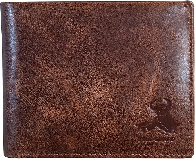 BULL GUARD Mens RFID Blocking Bifold Wallet Soft Genuine Leather Brown Western | Secure and Durable Extra Capacity Billfold with 11 Credit Cards, Flip Up ID