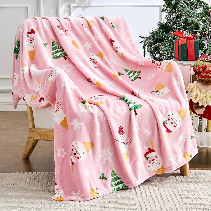 Christmas Blanket Soft Cozy Pink Throws with Snowman Snowflake Santa Claus and Xmas Trees Print, Fuzzy Warm Christmas Throw Blanket for Couch Bed Holiday Decorations Gifts 60"x80" (Pink)