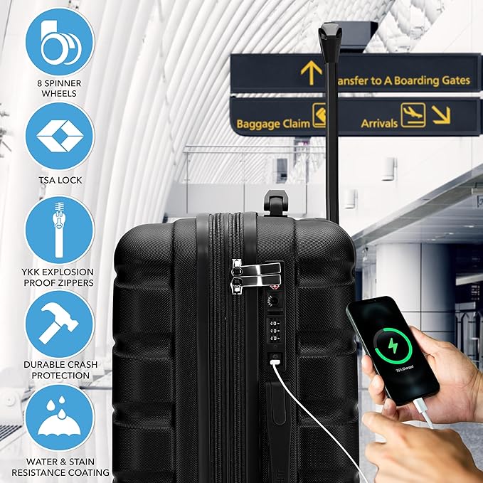 Flight Knight 22x14x9" Expandable Carry On Suitcase Hardside TSA Lock USB C Port Lightweight Luggage Silent Double Spinner Wheels Maximum Overhead Carry-On Bag For American & United Approved Airlines
