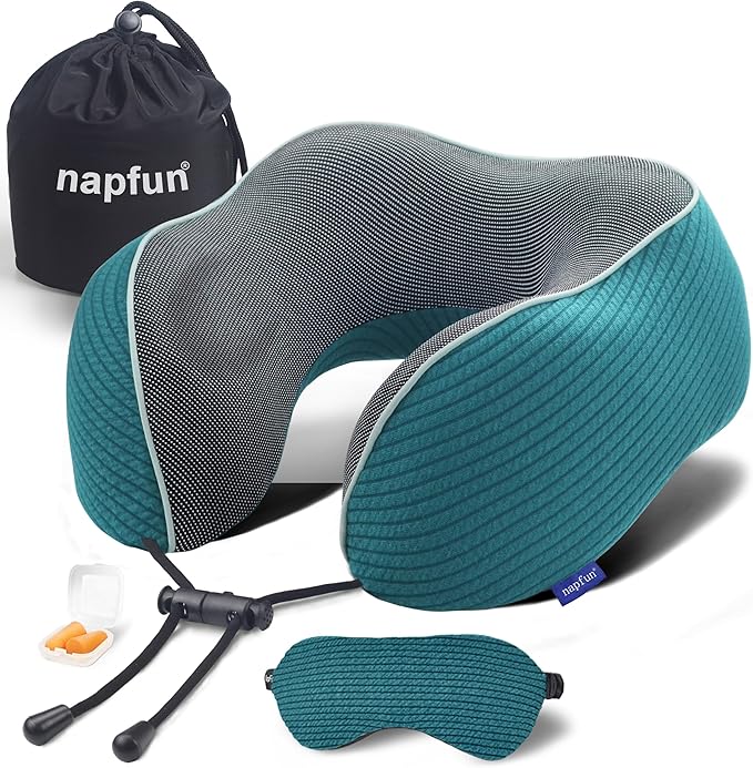 napfun Neck Pillow for Travel with Travel Pouch, Sleep Mask & Earplugs, Memory Foam Airplane Pillow for Headrest Sleep with Eyeshades, Plane Essentials with Eye Blindfold, Teal Striped Kit
