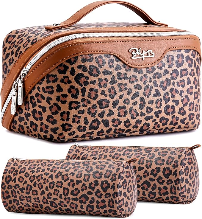 BOYATU Travel Makeup Bag for Women: 3 Pcs Set Portable Make up Bags with Handle - Leopard Print Cosmetic Bags with Comparments - Waterproof Vegan Leather Toiletry Bag (A-1-Brown)