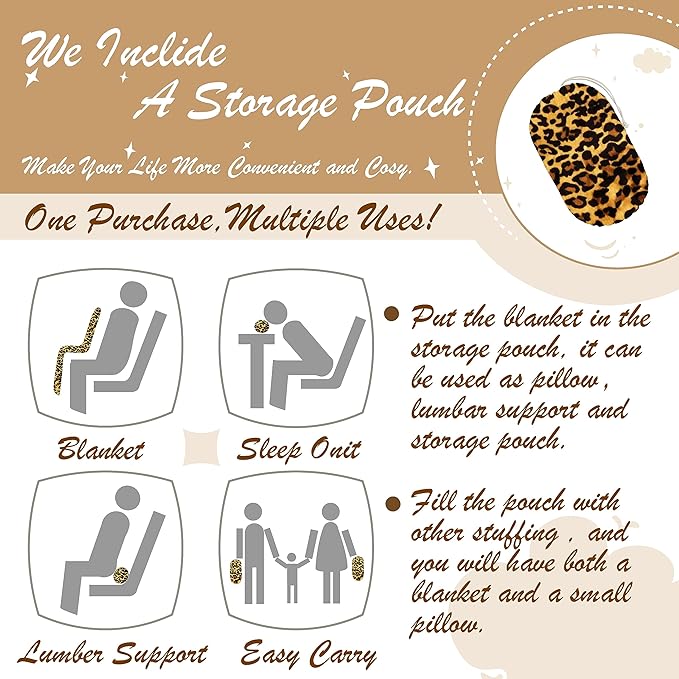 Bnuitland Leopard Print Fleece Flannel Throw Blanket with Storage Pouch for Bed Sofa Travel, 300 GSM Double Sided Super Soft Fuzzy Fluffy Cheetah Print Blanket for Adults and Kids, 50×60 inch