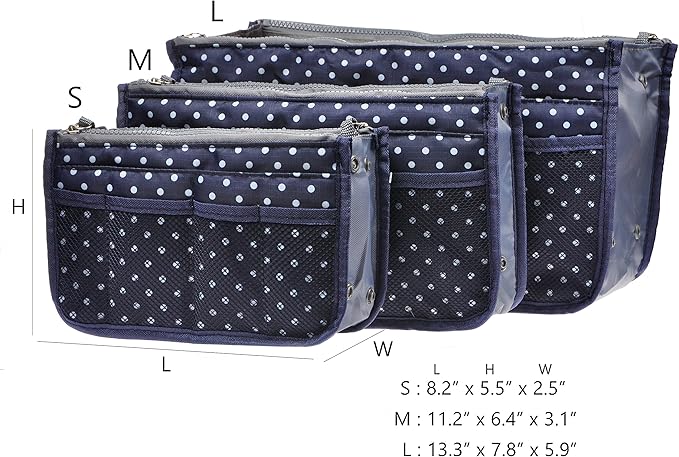 Vercord Purse Organizer Insert for Handbags Bag Organizers Inside Tote Pocketbook Women Nurse Nylon 13 Pockets Navy Blue Dot Small
