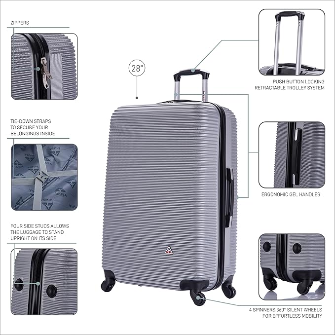 InUSA ROYAL Hardside Spinner Luggage with Ergonomic Handles | Spacious Travel Suitcase with Four Spinner Wheels and Studs | 28 Inch Large Spinner Luggage | Silver
