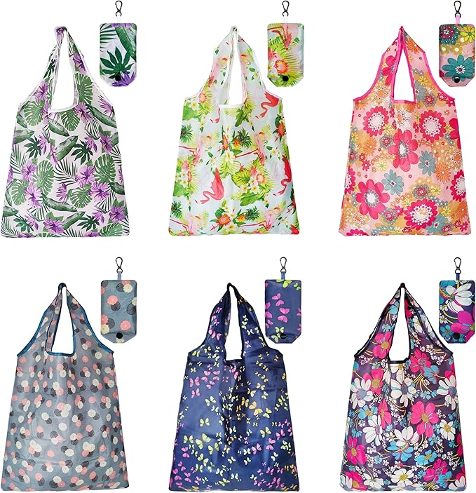 HIQU and HIST 6 Pcs Reusable Shopping Bags, Foldable Grocery Bags in Pocket, Eco-friendly Travel Recycle Shopping Bags,Waterproof and Machine Washable, for Daily Shopping Supplies load