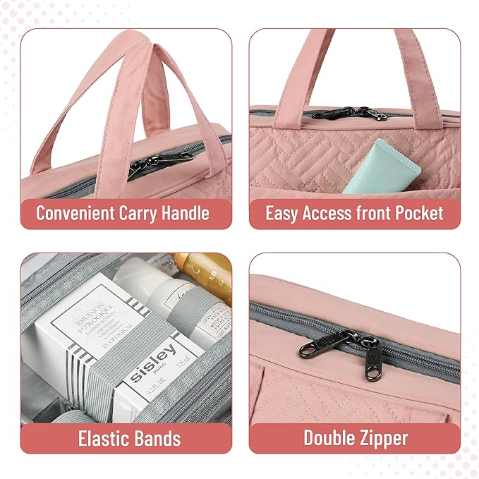 Ms. Pen- Travel Toiletry Bag Organizers, Baby Pink, Makeup Travel Bag for Toiletries with Hanging Hook, Water-Resistant