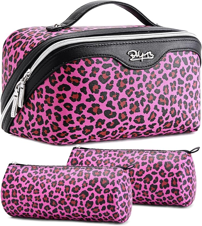 BOYATU Travel Makeup Bags Cosmetic Organizer Bag: 3 Pcs Set Large Capacity Make up Bag with Compartments - Waterproof Leather Toiletry Bags with Handle for Women (B-Red)