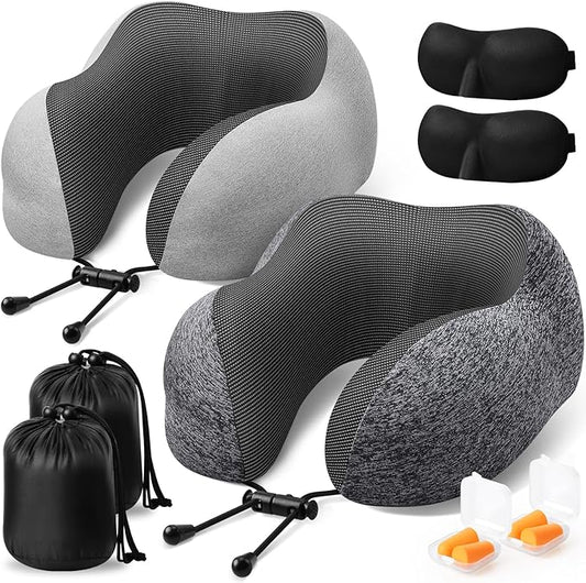 Travel Pillow, 2 Pack Travel Pillows for Sleeping Airplane, Neck Pillow Airplane, Memory Foam Neck Pillow Set with Eye Mask, Earplugs and Storage Bag -Grey & Light Grey