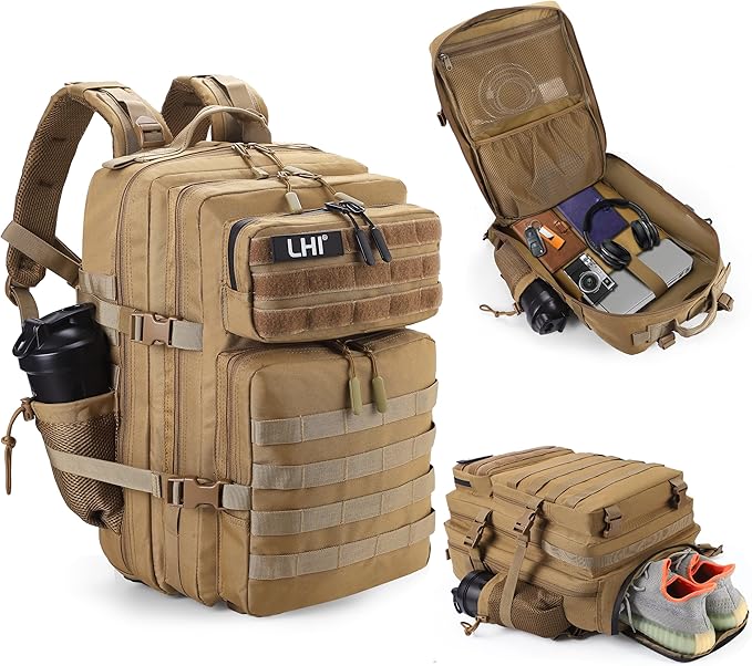 LHI Military Tactical Backpack for Men and Women 45L Army 3 Days Assault Pack Bag Large Rucksack with Shoe Compartment