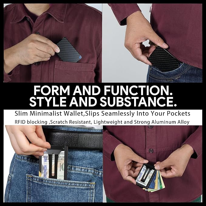 Carbon Fiber Minimalist Wallet for Men Credit Card Holder Money Clip & Cash Strap Slim RFID Mens Wallets-Carbon Fiber