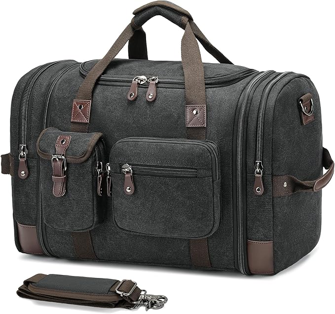 Canvas Duffle Bag for Travel, 55L Weekender Overnight Bag for Men & Women, Vintage Carry on Bags for Airplanes