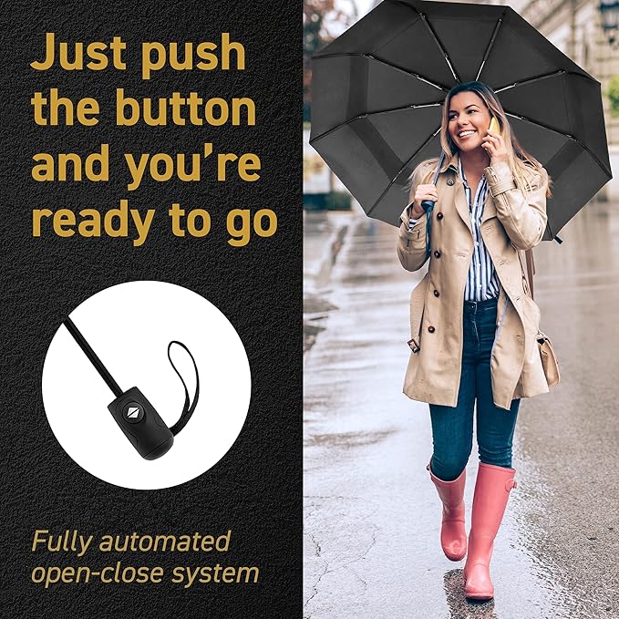 Windproof Compact Umbrella for Rain - 42” Travel Umbrella, Portable, Strong, Collapsible to 11”, Automatic Open Close Button, Vented Double Canopy with Fiberglass/Steel Frame, Wind Resistance to 55MPH