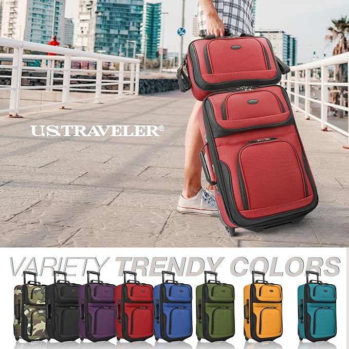U.S. Traveler Rio Lightweight Softside Rolling Carry-on Suitcase, 2-Wheel Set, Red
