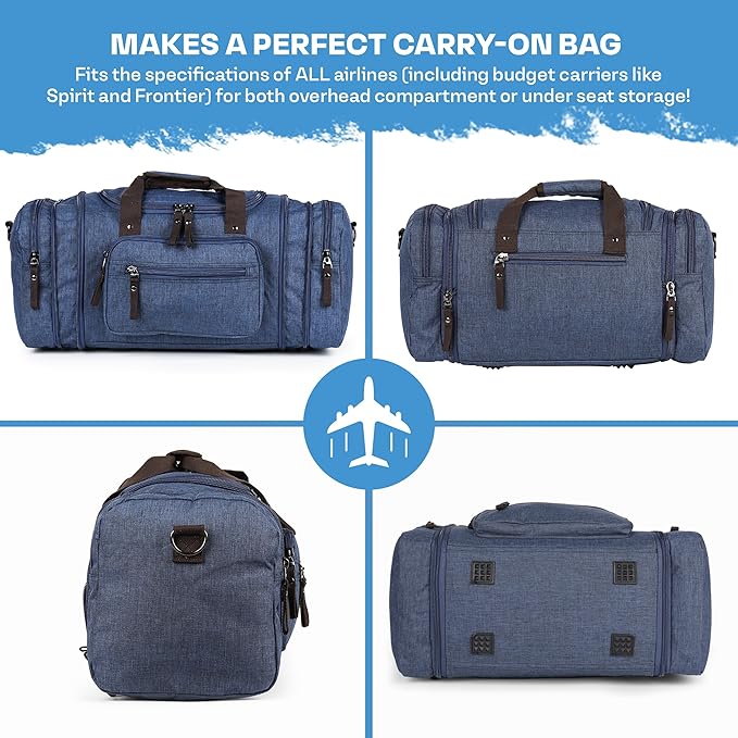 Duffle Bag for Travel 20–23” Expandable (40L) – Lightweight Water-Resistant Carry On Weekender with Multiple Pockets & Shoulder Strap – Airline Approved Travel Duffel Bags for Men & Women - BLUE