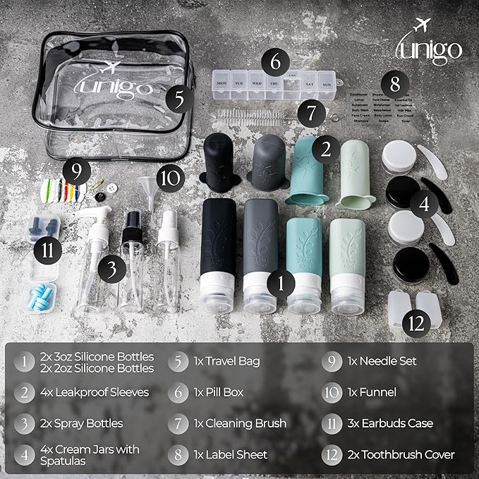 unigo 30 PACK Travel Bottles Set for Toiletries - Leakproof Refillable Travel Size Containers, TSA Approved Bottles with Labels, Brush & Covers for Carry-On Travel