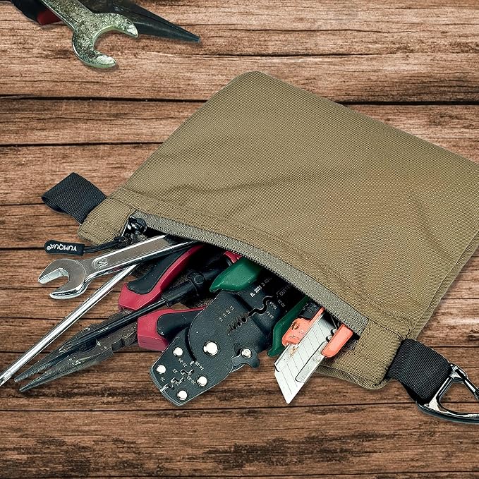 YUMQUA Water-Resistant Zipper Pouch with Carabiner Clip, Small Nylon Multipurpose Travel Digital Cosmetics Toiletry Bag Tool Storage Pouch, Khaki