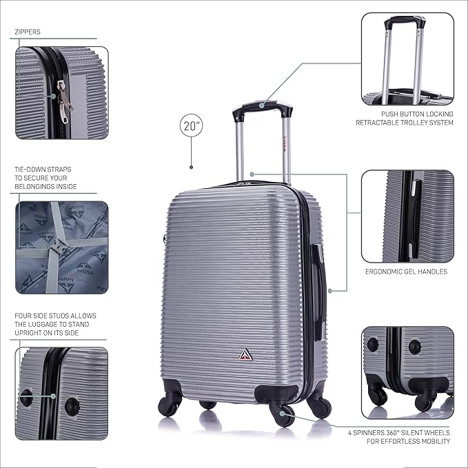 InUSA ROYAL Hardside Luggage with Ergonomic Handles | Spacious Travel Suitcase with Four Spinner Wheels and Studs | 20 Inch Hardside Carry-On Spinner Luggage | Silver