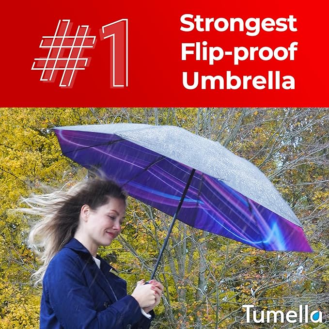 TUMELLA Inverted Windproof Umbrella, Large, Strong, Light, Portable, Automatic Reverse Folding Rain Umbrella, Durable Premium Grip, Fits Car & Backpack