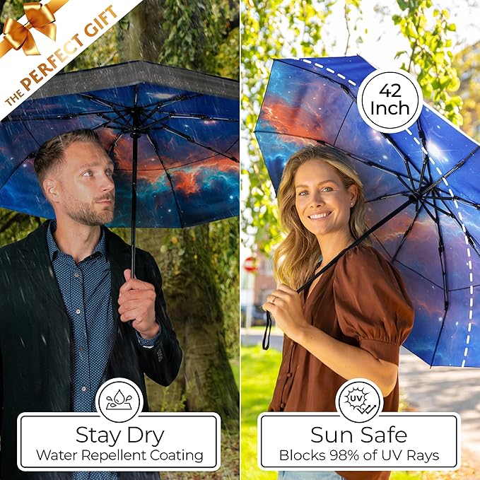 TUMELLA Strongest Windproof Travel Umbrella (Compact, Superior & Beautiful), Small, Wind-Tested, Light & Portable, Automatic Folding Rain Umbrella, Durable Premium Grip, Fits Car and Backpack