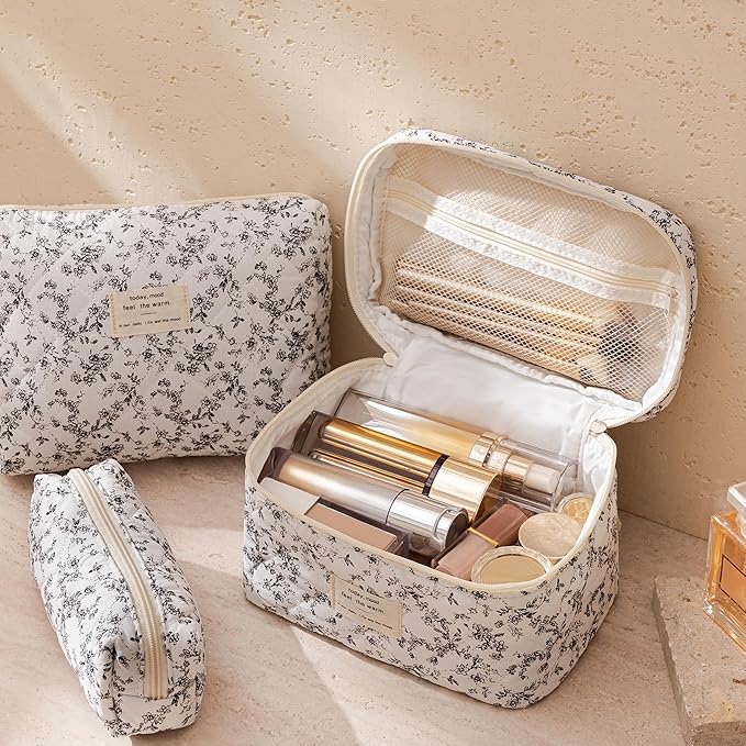 HBselect Quilted Makeup Bag, 3PCS Cotton Large Travel Makeup Bag, Cute Floral Coquette Make up Bag Cosmetic Bag Toiletry Bag for Women Girls