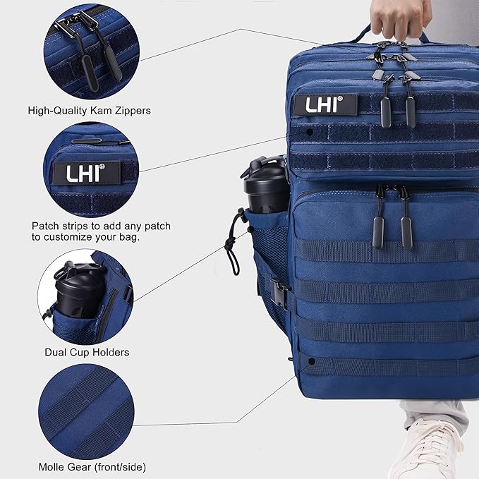 LHI Military Tactical Backpack for Men and Women 45L Army 3 Days Assault Pack Bag Large Rucksack with Shoe Compartment - Black and White