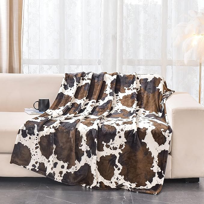 Bnuitland Brown Cow Print Flannel Throw Blanket (60x80 Inches) with Storage Pouch,300 GSM Double Sided Twin Size Bed Fleece Blanket, Super Soft Cozy Outdoor Lap Throw, Lightweight Fuzzy Home Decor