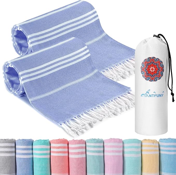 2 Pack Turkish Beach Towels Vacation Essentials with Bag Quick Dry Sand Free Soft Absorbent Adult Bath Pool Swim Long Wide Stripe Towel Cloud Linen Sandfree Mat Summer Thing Lightweight Travel Blue