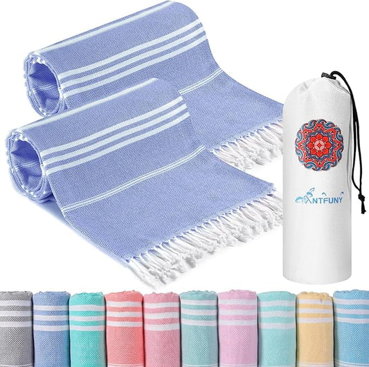 2 Pack Turkish Beach Towels Vacation Essentials with Bag Quick Dry Sand Free Soft Absorbent Adult Bath Pool Swim Long Wide Stripe Towel Cloud Linen Sandfree Mat Summer Thing Lightweight Travel Blue