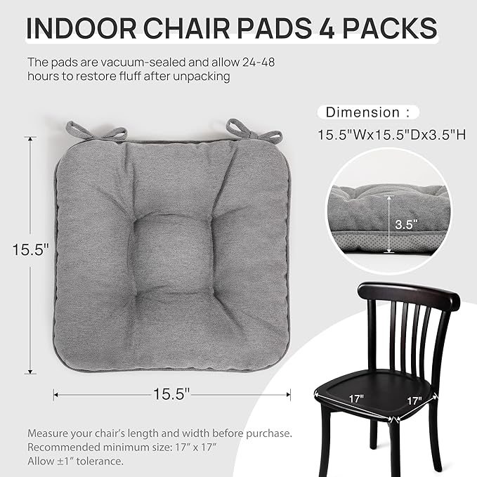 Love's cabin Memory Foam Chair Cushions Set of 4, 15.5"x15.5"x3.5" Indoor & Outdoor Seat Pads for Dining, Kitchen, Office, Patio Chairs - Grey
