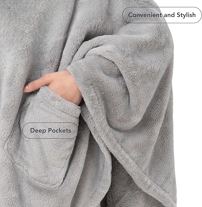 Berkshire Blanket Primalush™ Wearable Blanket, Cozy Loungewear Pocketed Plush Cape Wrap for Adults & Teens(Pebble Gray, One Size 58"X64")