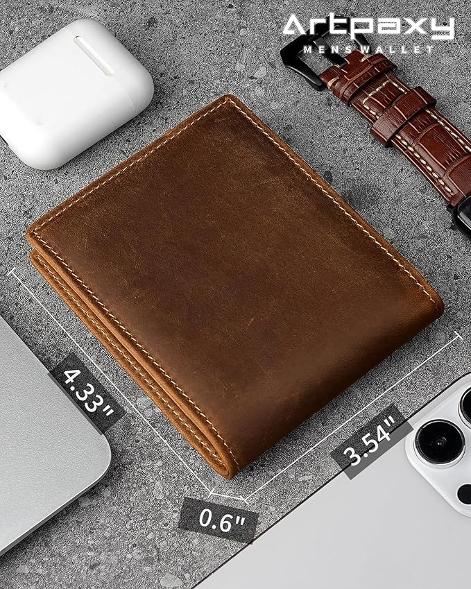 Artpaxy Mens Wallet Genuine Leather Bifold RFID Blocking Wallet for Men with 1 ID Window 13 Card Holders 2 cash pockets 1 Gift Box