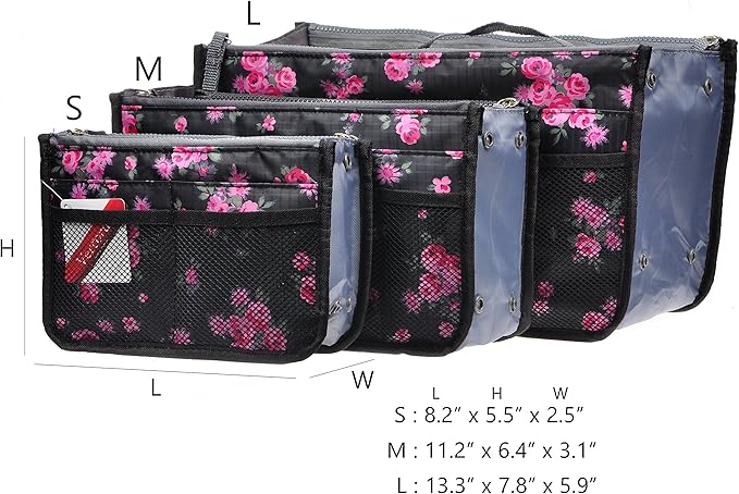 Vercord Purse Organizer Insert for Handbags Bag Organizers Inside Tote Pocketbook Women Nurse Nylon 13 Pockets Black Red Flower Medium