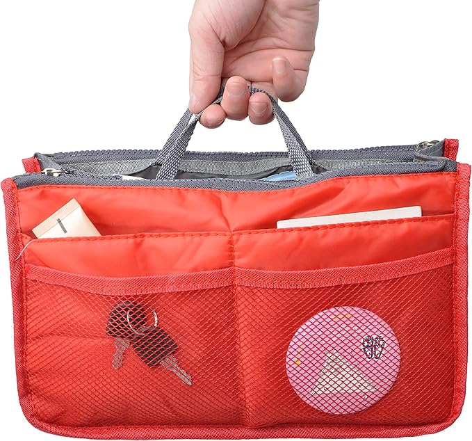 Vercord Purse Organizer Insert for Handbags Bag Organizers Inside Tote Pocketbook Women Nurse Nylon 13 Pockets Red Medium