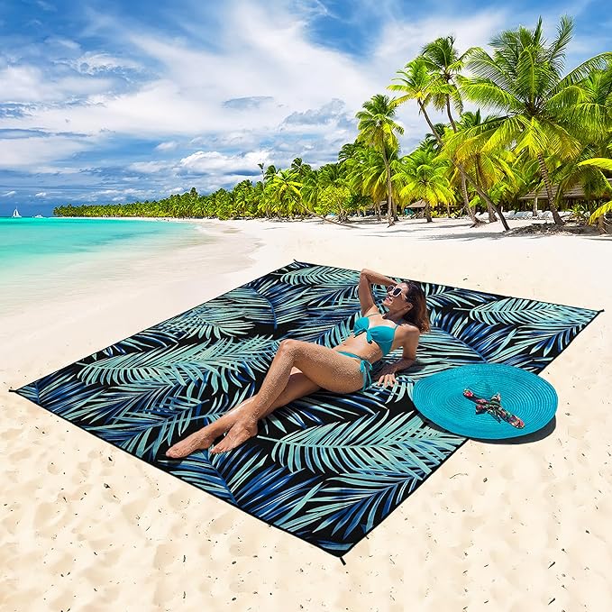 HIHOHO Beach Blanket Waterproof Sandproof Beach Mat 79”x 83” for 1-8 Adults Quick Drying Durable Outdoor Picnic Mat for Beach Festival Travel Camping Hiking (BK&GN-Palm, 79"×83"(4 Person))