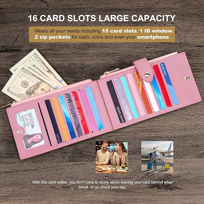 Travelambo RFID Wallet Women Large Size Bifold Multi Card Wallet Case with Zipper Pocke Credit Card Holder for Women