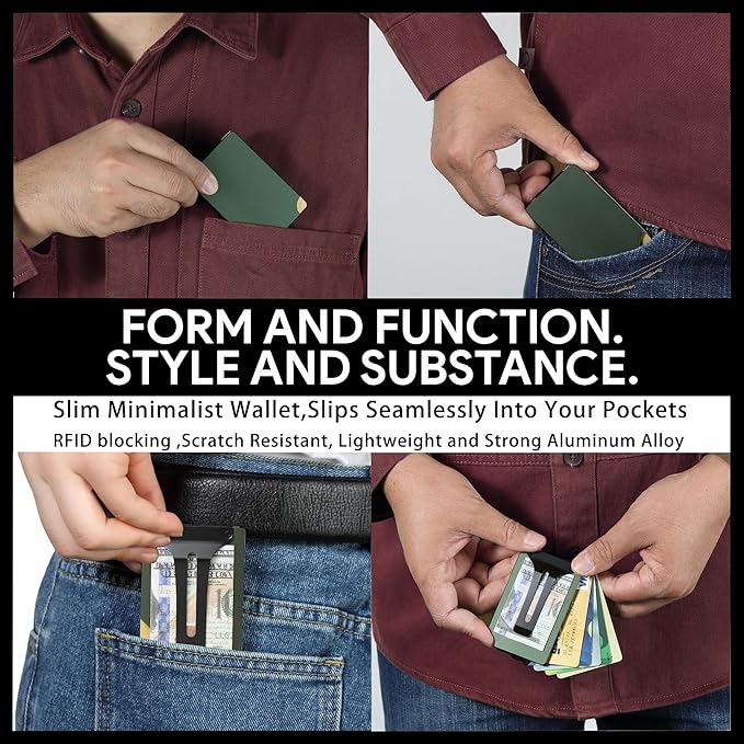 Carbon Fiber Minimalist Wallet for Men Credit Card Holder Money Clip & Cash Strap Slim RFID Mens Wallets-Matt Green
