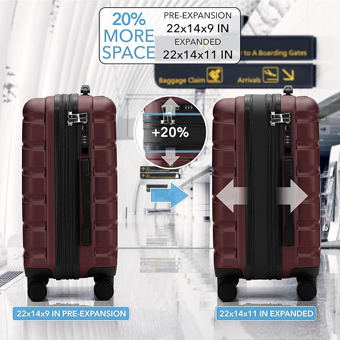 Flight Knight 22x14x9 Expandable Carry On Suitcase Hardside TSA Lock USB C Port Lightweight Luggage Silent Double Spinner Wheels Maximum Overhead Carry-On Bag For American United Approved Burgundy