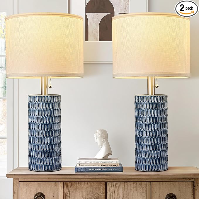 Reaketon Table Lamps for Living Room Set of 2, Ceramic Table Lamps for Bedroom, 20" Modern Lamps for Night Stands, Dark Blue