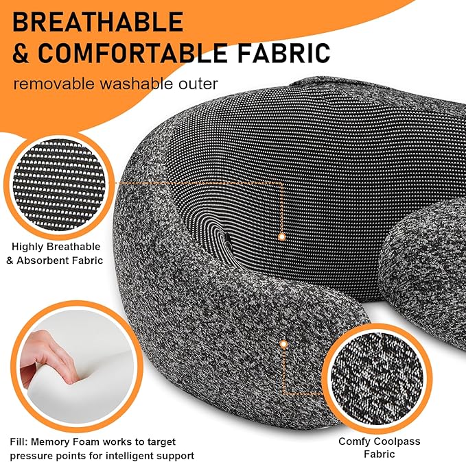 Travel Pillow - Hooded Neck Pillow Airplane Memory Foam Filling for Plane, Office, Cars Sleeping, Road Trip, Long Flights, Portable Plane Accessories, Includes Eye Mask & Earplugs (Dark Gray)