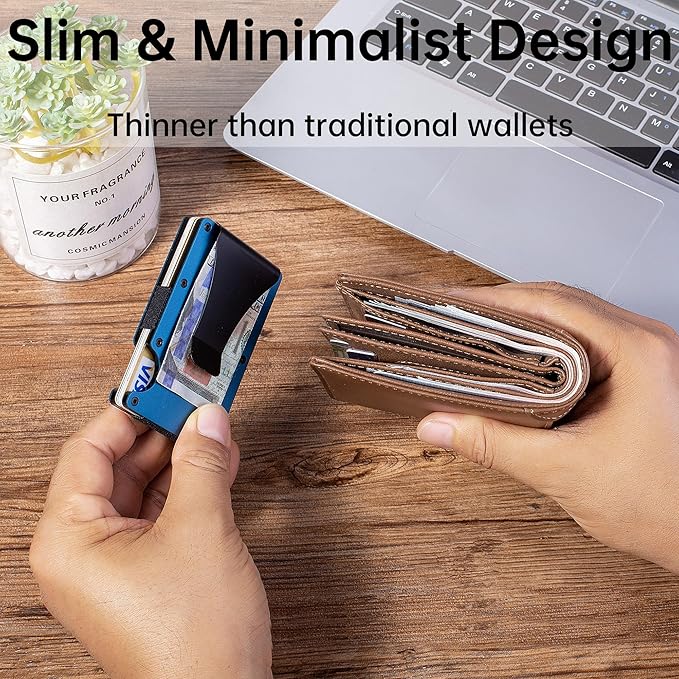 Carbon Fiber Minimalist Wallet for Men Credit Card Holder Money Clip & Cash Strap Slim RFID Mens Wallets(Matt Blue)