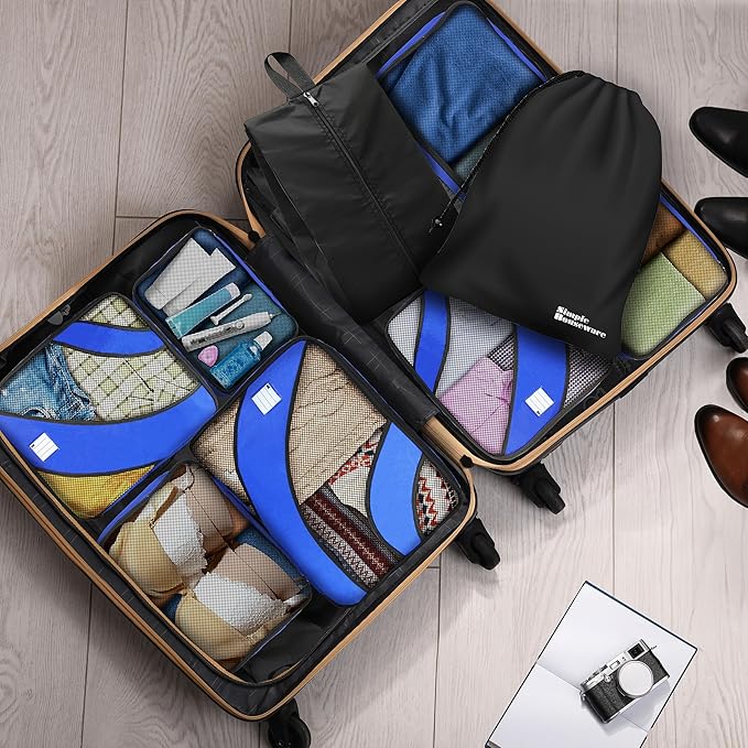 Simple Houseware 8-Set Packing Cubes for Travel, Luggage Organizer with Laundry Bag, Shoe Bag & Clear Pocket Label, Blue