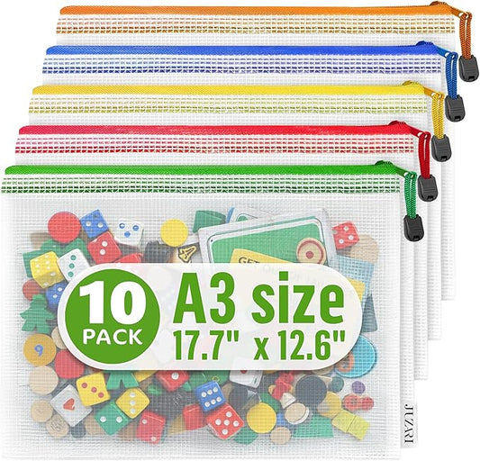 10 Pack Mesh Zipper Pouch Bags A3-12x18 - Plastic Zipper Pouches for Organizing - Board Game Organizers - Large Zippered Pouch Bag - Mesh Pouches with Zippered - Board Game Bags - Puzzle Storage