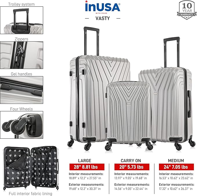 InUSA VASTY Luggage with Spinner Wheels | Durable Lightweight Hardshell SuitcaseTravel Sets with Handle and Trolley | (20in 24in 28in) 3 Piece Luggage Set | Grey