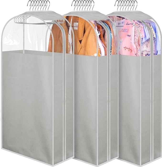 MISSLO 10" Gusseted Garment Bags for Hanging Clothes 40" Clear Suit Bags for Closet Storage Suits Cover Coat Protector, 3 Packs, Grey