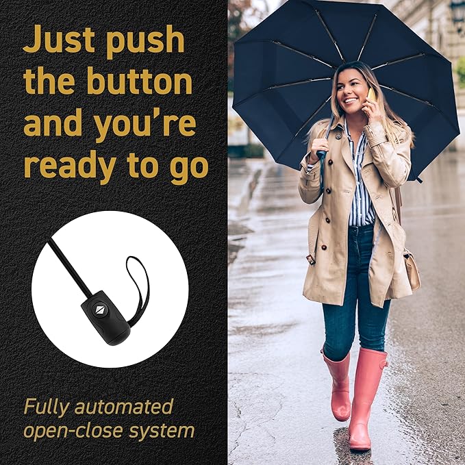 Windproof Compact Umbrella for Rain - 42” Travel Umbrella, Portable, Strong, Collapsible to 11”, Automatic Open Close Button, Vented Double Canopy with Fiberglass/Steel Frame, Wind Resistance to 55MPH