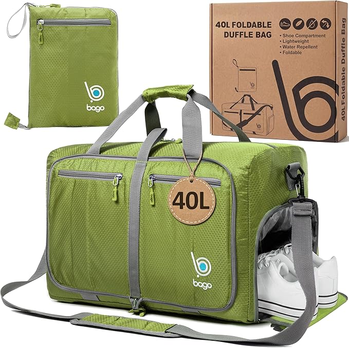 Bago Compact Duffle Bag for Travel Women & Men. Durable Lightweight Foldable Travel Duffel Bags For Traveling Women. 40L Duffle Bags a Reliable Weekender duffel or Overnight Bag With Shoe Compartment