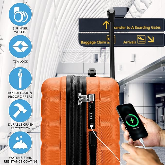 Flight Knight 24x16x10 Expandable Carry On Suitcase Hardside TSA Lock USB C Lightweight Luggage Silent Double Spinner Wheels Maximum Overhead Carry-On Bag For Virgin South West Approved Orange