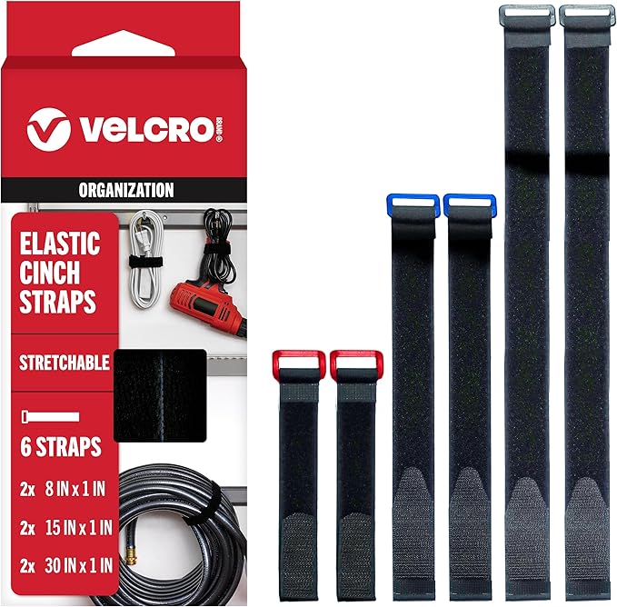 VELCRO Brand VEL-30794-AMS Elastic Cinch Straps with Buckle | 6pc Variety Pack 8"-15"-30"| Stretchable to Snugly Fasten Power Cords, Lumber, Bicycles, Sleeping Bags, Outdoor Umbrellas, More | Black